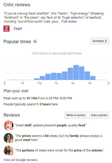 Google My Business reviews & popular times