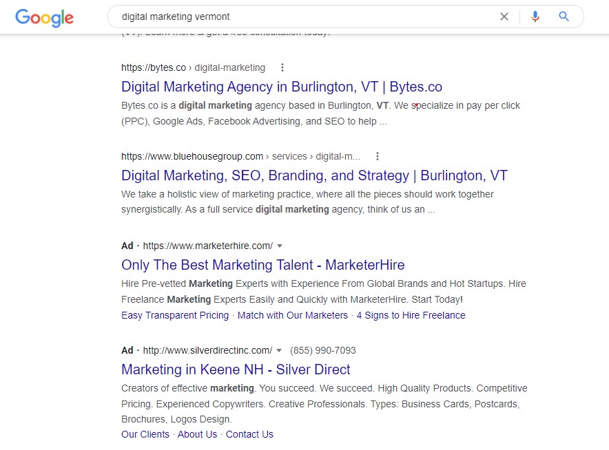 Screenshot of Google Search results for "digital marketing vermont"