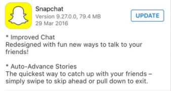 Example of Snapchat informative whats new section