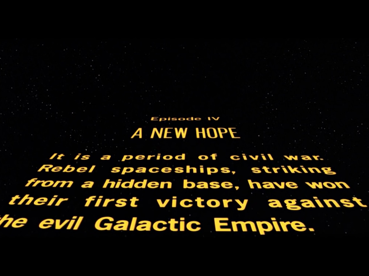 intro screen to Star Wars: A New Hope, with a black background and yellow text